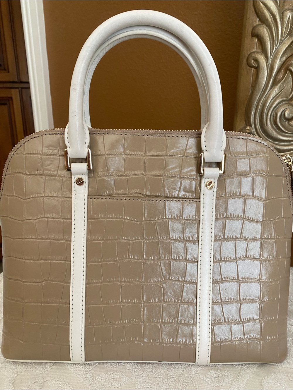 Michael Kors Taupe Croc-Embossed Satchel with White Trim and Gold Hardware - Picture 3 of 5